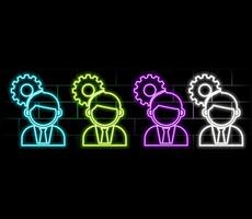 Man stands tensely thinking with one hand to his face brainstorming, intelligent person ponders, make a decision icon neon glow illustration concept vector