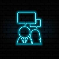 Speech Bubble And Group Of People Line Icon. neon style. Team Talk, Discussion Linear Pictogram. Three Men Talking Outline Symbol. Conversation At Meeting Sign. Editable Stroke. Isolated Illustration. vector