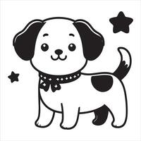 A black-outlined cartoon dog with the words happy dog written on it. vector