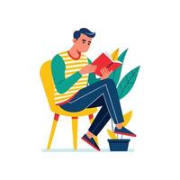 Man sitting in chair reading a book, flat style vector