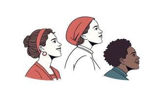 A drawing of different types of women face with a red headband. vector