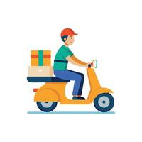 Flat-style illustration of a delivery man on a scooter, carrying a large backpack vector