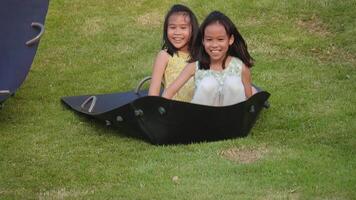Children are playing on a slide on a grassy hill in a park. Happy active kids playing outdoors during the summer. video