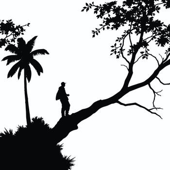 Silhouette of man on tree branch with palm trees vector