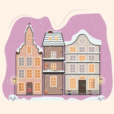 Colorful Danish lodge buildings, retro lodges in the snow
