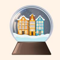 A detailed pixel art representation of a snow globe featuring houses within it vector