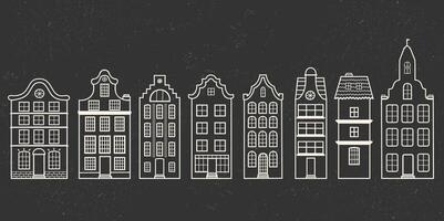 Danish houses art buildings lined up on a deep black background, Linear style vector