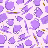 Seamless pattern with porcelain tea set items on light background vector