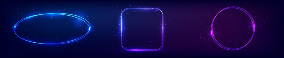 Set of three neon double frames with shining effects vector