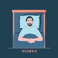 Sleep disorder, insomnia, sleeplessness. Senior tired and exhausted man lying in bed with open eyes in darkness night room. Frustrated person with problem. Character illustration in flat style vector