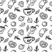 line art autumn pattern with coffee, cookies, muffin and leaves. Black and white background vector
