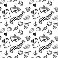 line art autumn pattern with coffee, book, cookies, muffin and leaves. Black and white background vector