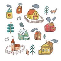A set of cartoon houses and trees in winter vector