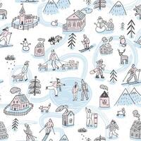 A seamless pattern with people and animals in the snow vector