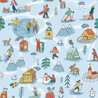 A seamless pattern with people and animals in the snow vector
