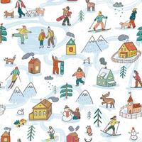 A seamless pattern with people and animals in the snow vector