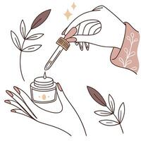 Hand holding a jar of cream and a bottle of serum vector