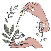 Hands holding a jar of cream and leaves vector