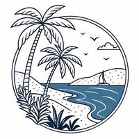 A palm tree and a boat on the beach with a sailboat vector