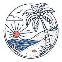 A palm tree and a beach with waves and a sunset vector
