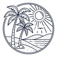 A palm tree and a beach with a sun and waves vector