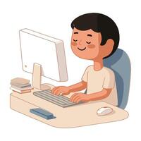 A cartoon boy sitting at a desk with a computer vector