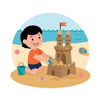 A boy playing with a sand castle on the beach vector