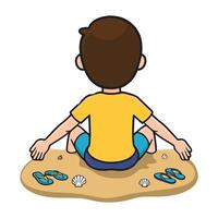 A boy sitting on the beach with sandals and shells vector