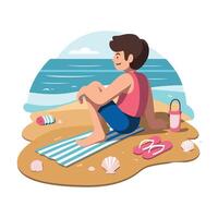 A man sitting on the beach with a towel and a bottle vector