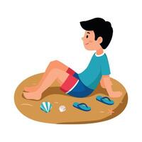 Boy sitting on the sand with sandals and shells vector