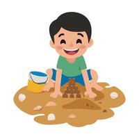 A boy playing in the sand with a bucket and sand vector