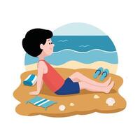 A boy is sitting on the beach with his feet in the sand vector