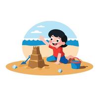 A little girl playing with sand at the beach vector