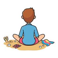 A man sitting on the beach with sandals and other items vector