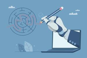 Complex problem solving skills, Using artificial intelligence or AI to promote ideas and creativity, Solving problems to achieve business goals. Robotic hand writes a path out of a maze. . vector