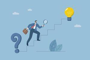 Businessman holding magnifying glass searching for solution to problem of stairs between question mark and light bulb, Finding the right direction or solution to a problem, Creativity to success. vector