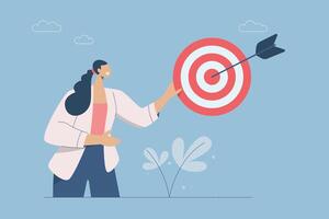 Setting business goals, Creating inspiration or effective strategies, Create the expectation of winning and the ambition of the organization, Businesswoman with target and arrow in center. . vector