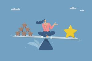 Quality vs quantity, Concept of excellent result oriented work vs high quantity oriented work, Good and bad product. Young woman sits on the balance between a quality star and a low quality star. vector