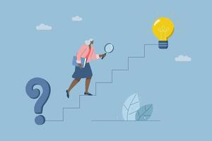 Businesswoman holding magnifying glass searching for solution to problem of stairs between question mark and light bulb, Finding the right direction or solution to a problem, Creativity to success. vector