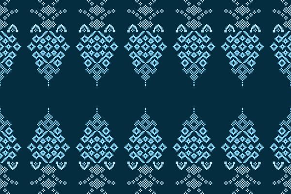 Motif cross stitch pattern blue color background fabric pattern with pixel art design.