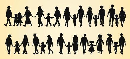 Silhouettes of diverse families holding hands, showcasing unity, togetherness, and connection. vector