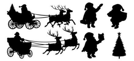 Silhouettes of Santa Claus, reindeer, sleigh, and a Christmas tree, depicting holiday cheer. vector