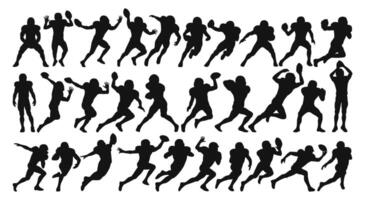 Silhouettes of American football players in various action poses, capturing dynamic movements. vector