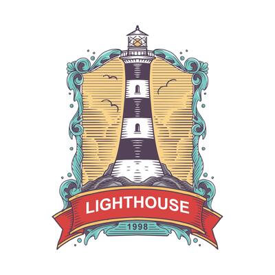 Vintage Nautical Label Featuring Lighthouse with Ornate Frame and Coastal Theme