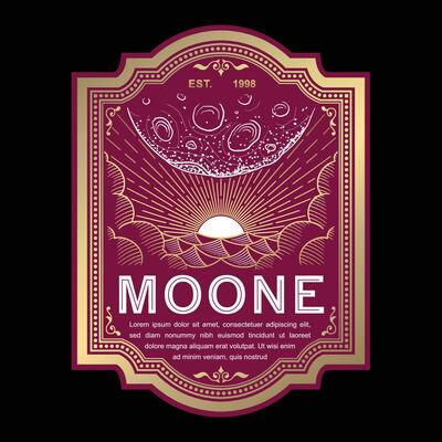Vintage Cosmic Label with Moon and Sunrise in Elegant Gold Frame