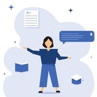 Work and education online. Person with text frame, books and paper vector