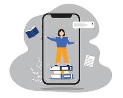 Work and education online. Person on smartphone with books vector