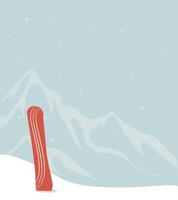 snowy mountains and forests, snowboard with snow vector