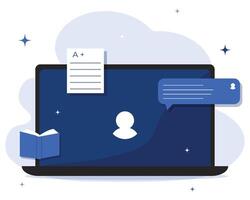 Work and education online. Virtual classes, chat windows, laptop, smartphone. illustration. Laptop with icons vector