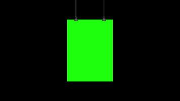 Paper hanging on clip animation. Poster mockup with green screen. Realistic empty banner. Seamless loop animation. Transparent background with alpha channel video